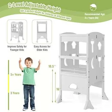 HONEY JOY Kitchen Step Stool for Toddlers, Children Wooden Standing Tower w/Safety Rail, Montessori Foldable Kids Learning Stool for Kitchen Counter(White)