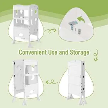 HONEY JOY Kitchen Step Stool for Toddlers, Children Wooden Standing Tower w/Safety Rail, Montessori Foldable Kids Learning Stool for Kitchen Counter(White)