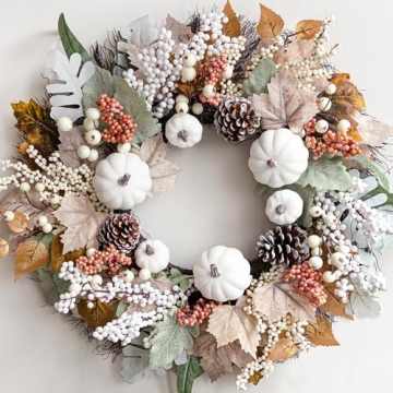 Fall Decor - Fall Wreaths for Front Door - 18 Inch Autumn Maples Leaf Pumpkin Pine Cone Berry Wreath...