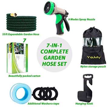 YOJULY 25ft Expandable garden hose - super durable 3750d garden water hose/strongest triple latex, durable outdoor gardening flexible hose for watering (green, 25ft) H16520