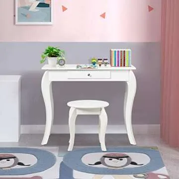 HONEY JOY Kids Vanity Set with Mirror, Toddler Wooden Vanity Table with Stool & Drawer, Removable Top, Princess Pretend Play Beauty Makeup Dressing Table Playset for Little Girls(White)