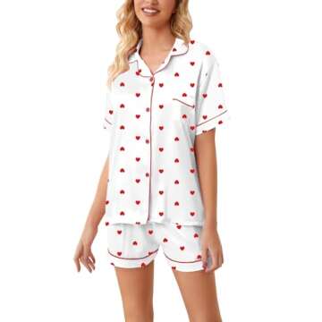Schbbbta Satin Pajamas for Womens, Silk Pajamas 2 Pcs Button Down Sleepwear Short Sleeve Loungewear Outfit for Womens, Heart White, US S