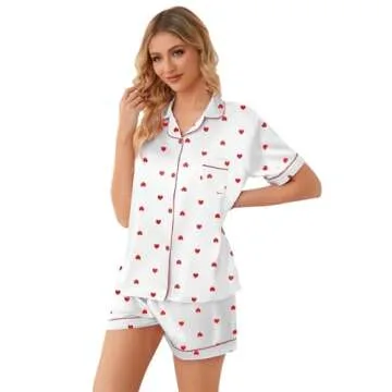 Schbbbta Satin Pajamas for Womens, Silk Pajamas 2 Pcs Button Down Sleepwear Short Sleeve Loungewear Outfit for Womens, Heart White, US S