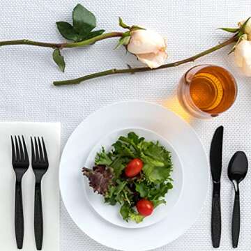 Heavy Weight Plastic Silverware Set - 50 Forks, 25 Knives, 25 Spoons Disposable Cutlery Combo Set (Black)