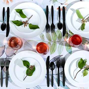 Heavy Weight Plastic Silverware Set - 50 Forks, 25 Knives, 25 Spoons Disposable Cutlery Combo Set (Black)