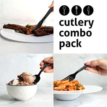 Heavy Weight Plastic Silverware Set - 50 Forks, 25 Knives, 25 Spoons Disposable Cutlery Combo Set (Black)