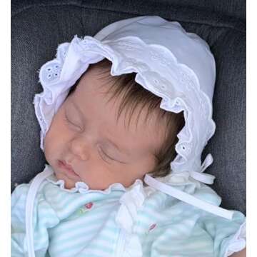 N'Ice Caps Baby Girls Bonnet White Lace Newborn Infant Toddler Sun Hat Special Occasion (White with Piping Crown, Newborn)