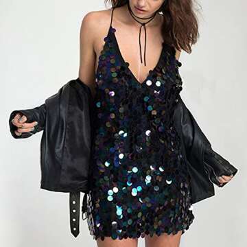 tuduoms Womens Glitter Sequin Dress V Neck Spaghetti Strap Mini Cocktail Party Dress Clubwear Chic S...