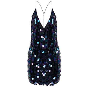 tuduoms Womens Glitter Sequin Dress V Neck Spaghetti Strap Mini Cocktail Party Dress Clubwear Chic Sparkly Tango Dance Dress Black