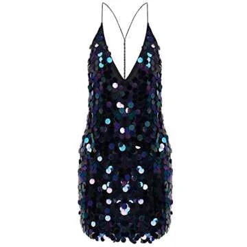 tuduoms Womens Glitter Sequin Dress V Neck Spaghetti Strap Mini Cocktail Party Dress Clubwear Chic Sparkly Tango Dance Dress Black