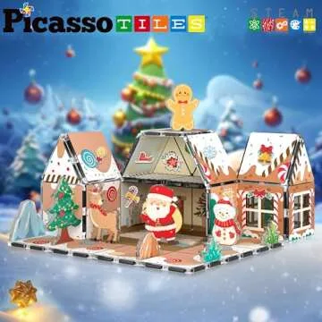 PicassoTiles Magnetic Tiles Gingerbread House Character Action Figure Santa Snowman Gingerbread Man Theme Construction Kit Magnet Building Blocks STEM Learning Gifts Toys PTQ09