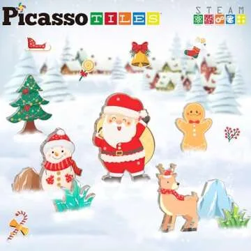 PicassoTiles Magnetic Tiles Gingerbread House Character Action Figure Santa Snowman Gingerbread Man Theme Construction Kit Magnet Building Blocks STEM Learning Gifts Toys PTQ09