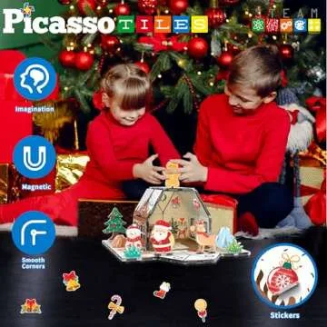 PicassoTiles Magnetic Tiles Gingerbread House Character Action Figure Santa Snowman Gingerbread Man Theme Construction Kit Magnet Building Blocks STEM Learning Gifts Toys PTQ09