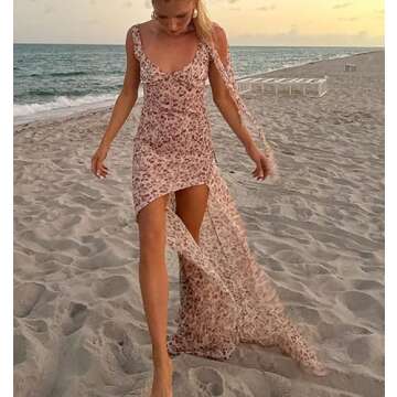 Juakoso Sexy Y2K Ruffles Fairy Dress Fringe Strapless Floral Dress Asymmetrical See Through Beach Pa...