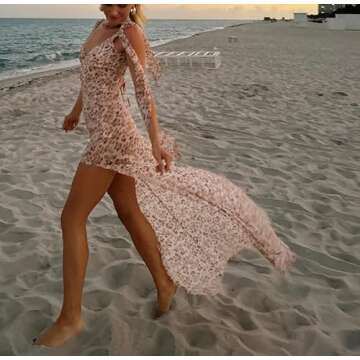 Juakoso Sexy Y2K Ruffles Fairy Dress Fringe Strapless Floral Dress Asymmetrical See Through Beach Party Club Outfits