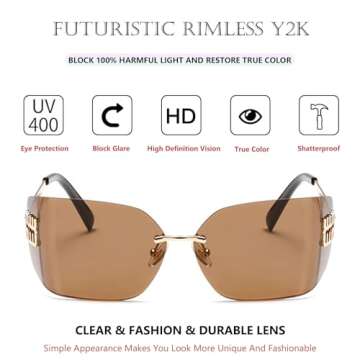Bsreyeop Futuristic Rimless Y2K Sunglasses for Women Men Fashion Wrap Around Frame Trendy Shield Frameless Design (Brown C1)