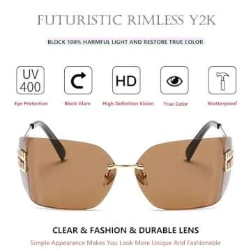 Bsreyeop Futuristic Rimless Y2K Sunglasses for Women Men Fashion Wrap Around Frame Trendy Shield Frameless Design (Brown C1)