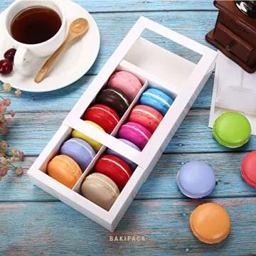 BAKIPACK 12 Macaron Boxes, Macaron Gift Box for 12, (Interior Mesurement 7.25×4 ×1.8 Inches), Macaron Packaging Boxes with Clear Window White without Macarons inside