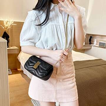 MMKJHNBHQ Small Women'S Leather Crossbody Bag, Black Designer Shoulder Bag, Chain Quilted Crossbody Clutch