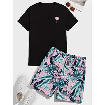 GORGLITTER Men's Tropical Short Set Summer Crewneck Short Sleeve T Shirt and Shorts Sets 2 Pieces Outfit Black X-Large