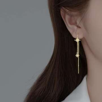 SLUYNZ Sterling Silver CZ Star Dangle Earrings for Women Teen Girls Long Dangle Earrings Threader Ta...