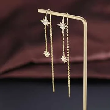 SLUYNZ Sterling Silver CZ Star Dangle Earrings for Women Teen Girls Long Dangle Earrings Threader Tassel (B-Gold)