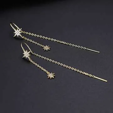 SLUYNZ Sterling Silver CZ Star Dangle Earrings for Women Teen Girls Long Dangle Earrings Threader Tassel (B-Gold)
