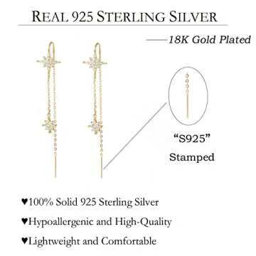 SLUYNZ Sterling Silver CZ Star Dangle Earrings for Women Teen Girls Long Dangle Earrings Threader Tassel (B-Gold)