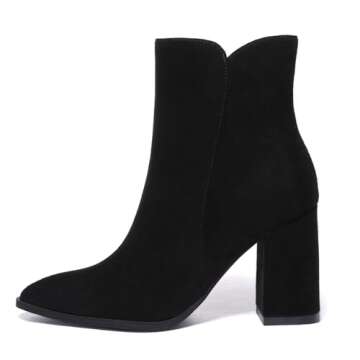Athlefit Women's Heeled Ankle Boots Fashion Pointed Toe Chunky Heel Side Zipper Short Black Suede Bo...
