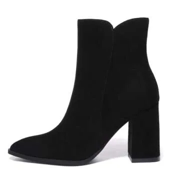 Athlefit Women's Heeled Ankle Boots Fashion Pointed Toe Chunky Heel Side Zipper Short Black Suede Bo...