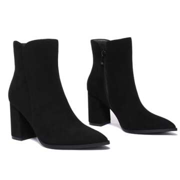 Athlefit Women's Heeled Ankle Boots Fashion Pointed Toe Chunky Heel Side Zipper Short Black Suede Boots Size 8.5