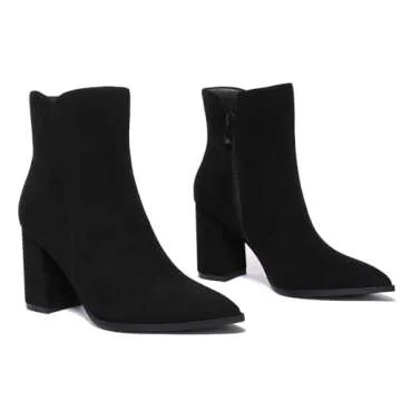 Athlefit Women's Heeled Ankle Boots Fashion Pointed Toe Chunky Heel Side Zipper Short Black Suede Boots Size 8.5