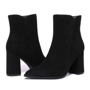 Athlefit Women's Heeled Ankle Boots Fashion Pointed Toe Chunky Heel Side Zipper Short Black Suede Boots Size 8.5