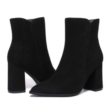 Athlefit Women's Heeled Ankle Boots Fashion Pointed Toe Chunky Heel Side Zipper Short Black Suede Boots Size 8.5