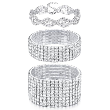 FIBO STEEL 3 PCS Rhinestone Stretch Bracelets for Women Bridal Sparkly Wedding Strand Tennis Bracele...