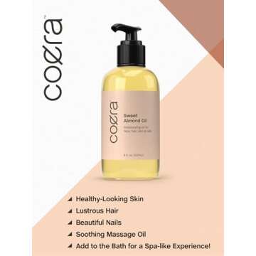 Coera Sweet Almond Oil for Face, Hair, Skin & Nails | 8 fl oz | Cold Pressed | Carrier Oil | Free of Parabens, SLS, & Fragrances