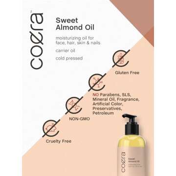 Coera Sweet Almond Oil for Face, Hair, Skin & Nails | 8 fl oz | Cold Pressed | Carrier Oil | Free of Parabens, SLS, & Fragrances