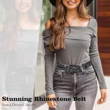 WHIPPY Women Rhinestones Leather Belts Bling Studded Western Cowgirl Waist Belt for Jeans Pants with Removable Buckle