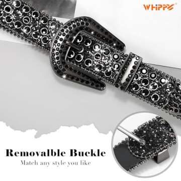 WHIPPY Women Rhinestones Leather Belts Bling Studded Western Cowgirl Waist Belt for Jeans Pants with Removable Buckle