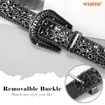 WHIPPY Women Rhinestones Leather Belts Bling Studded Western Cowgirl Waist Belt for Jeans Pants with Removable Buckle