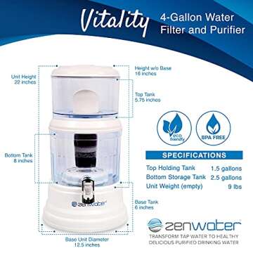 ZENWATER Gravity Water Filter System - Portable Countertop Water Filter System - Alkaline Water Filt...