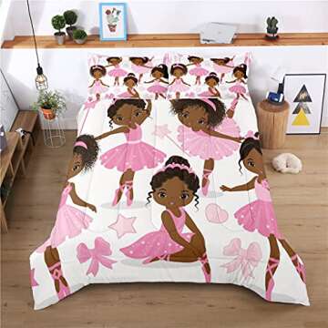 SIRDO Full Bedding Sets for Girls, African American Magic Comforter Set with Ballet Dancer, Pink Bed Set for Kids Teens, Little Girls Bedroom Decor