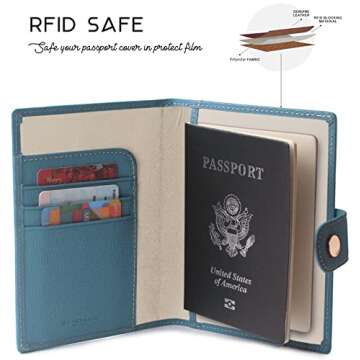 Genuine Leather Passport and Vaccine Card Holder, RFID Passport Cover Credit Card Case with CDC Vaccination Card Slot for Family Travel Id Documents Women and Men (Haze Blue)