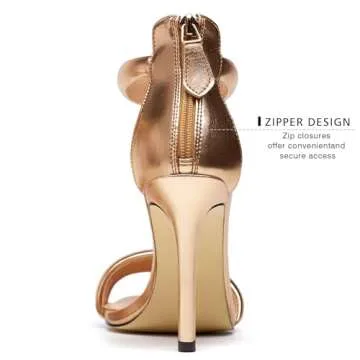 driceic Women's Gold Pump Open Toe Heel Sandals Back Zipper Round Ankle Strappy Stiletto Heels Sparkle Glitter Metallic Party Sexy Wedding Dressy Shoes 10