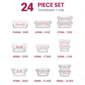 FineDine 24 Piece Glass Storage Containers with Lids - Leak Proof, Dishwasher Safe Glass Food Storag...