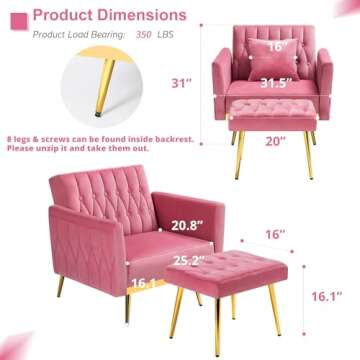 ACMEASE Velvet Accent Chair with Adjustable Armrests and Backrest, Button Tufted Lounge Chair, Single Recliner Armchair with Ottoman and Pillow for Living Room, Bedroom, Pink