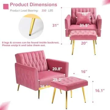 ACMEASE Velvet Accent Chair with Adjustable Armrests and Backrest, Button Tufted Lounge Chair, Single Recliner Armchair with Ottoman and Pillow for Living Room, Bedroom, Pink