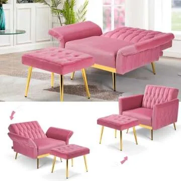 ACMEASE Velvet Accent Chair with Adjustable Armrests and Backrest, Button Tufted Lounge Chair, Single Recliner Armchair with Ottoman and Pillow for Living Room, Bedroom, Pink