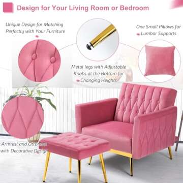 ACMEASE Velvet Accent Chair with Adjustable Armrests and Backrest, Button Tufted Lounge Chair, Single Recliner Armchair with Ottoman and Pillow for Living Room, Bedroom, Pink