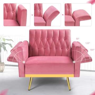 ACMEASE Velvet Accent Chair with Adjustable Armrests and Backrest, Button Tufted Lounge Chair, Single Recliner Armchair with Ottoman and Pillow for Living Room, Bedroom, Pink